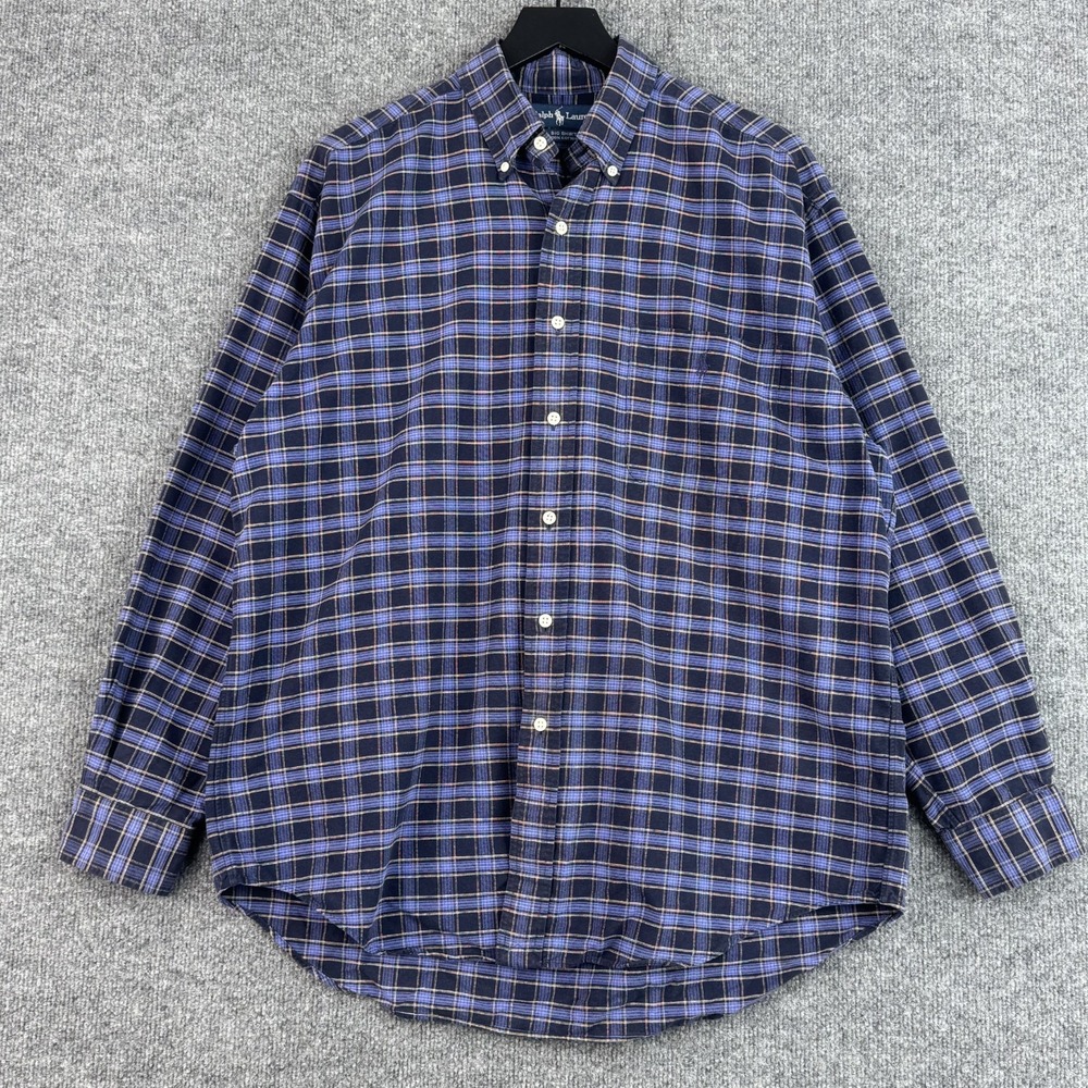 Vintage Ralph Lauren Button Down Big Shirt Mens M Blue Black Plaid 100% Cotton